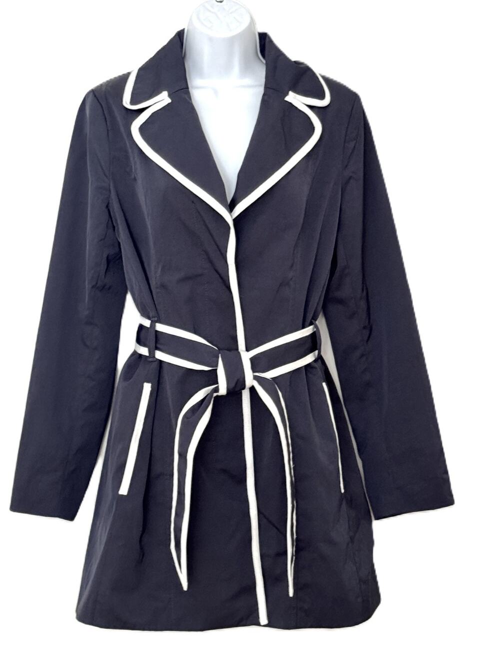 Banana Republic Navy Trench Coat M White Piping Tipped Belted Jacket 236293